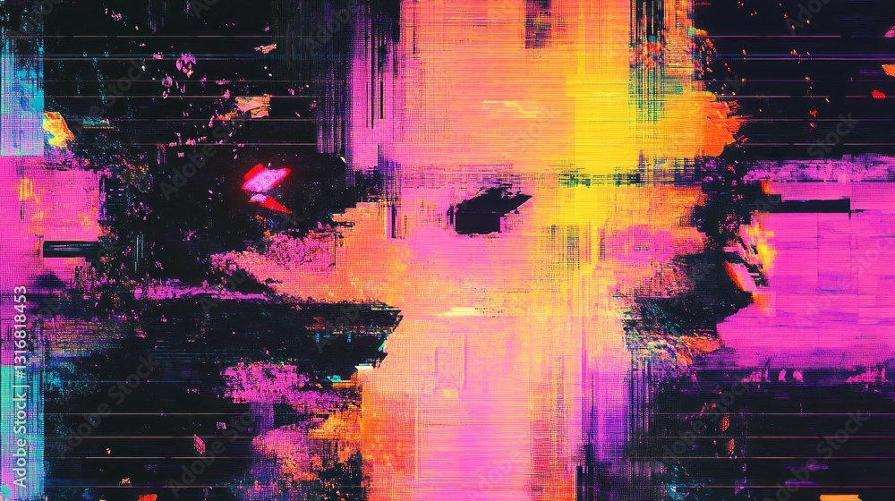 Poster an explosion of colors and textures emerges in a digital realm, with bright pinks, oranges, and dark