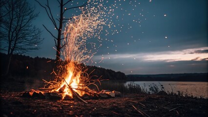 A cluster of sparks flying upwards from a bonfire on a dark autumn night, darkness, smoldering embers, glowing coals, warmth