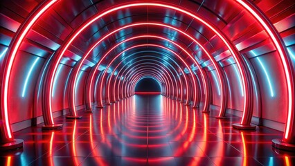 Futuristic Red and Blue Neon Corridor with Reflective Floor and Arched Walls