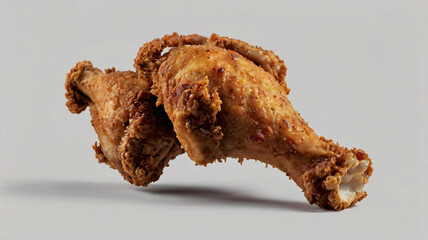 Two pieces of golden brown fried chicken drumsticks with a crispy, well seasoned coating are presented against a plain light colored background.