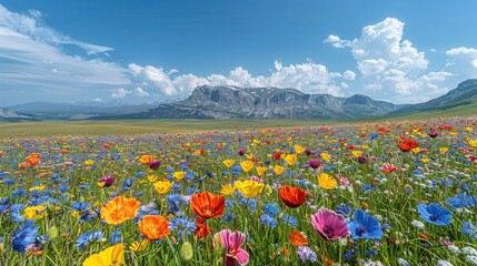 Fototapeta premium Colorful wildflower meadow with majestic mountain backdrop and blue sky