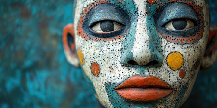 Close-up of a brightly painted tribal or ceremonial ceramic mask with blue, red, and orange details. Good for sites/blogs on art, culture, traditions, or anthropology.

