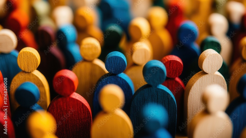 Poster diverse group unity and mutual support. colorful wooden figures representing a diverse crowd in focu