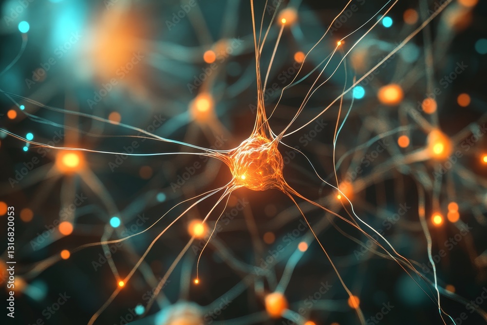 Poster intricate neural network with brightly glowing neurons and synapses