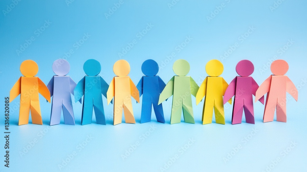 Poster diverse group unity and mutual support. colorful paper figures linked together against a blue backgr