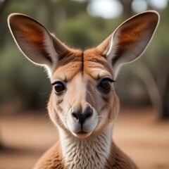 Fototapeta premium Female kangaroo with dark eyes and detailed fur, captured with a blurred outback background