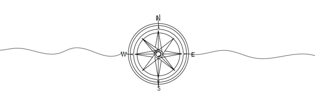 Single one line drawing compass for locating direction. Shipment and logistic concept. Continuous line draw design graphic vector illustration.