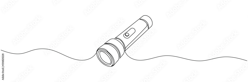 Poster continuous line flashlight.one line drawing of lighting tool.single line flashlight emergency light.