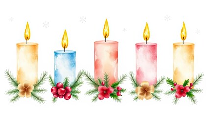 Festive Watercolor Candles Christmas Decor Holiday Lights Winter Season