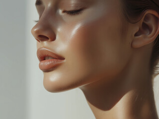 Fototapeta premium women lips with close-up of healthy and smooth skin, showcasing a radiant and even complexion. The lighting is soft and warm, emphasizing the natural texture and glow of the skin.