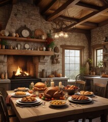 A cozy farmhouse kitchen with a large stone fireplace and a traditional Thanksgiving dinner spread , fall cooking, homestyle cooking