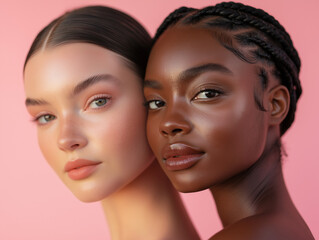 Obraz premium two individuals with different skin tones standing closely together, highlighting diversity and inclusivity. The soft pink background creates a warm and harmonious atmosphere 