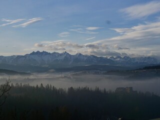 mountains in the fog