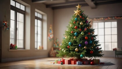 A large green Christmas tree with colorful ornaments and a glittery star on top , garland, winter