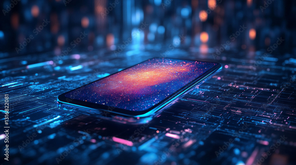 Poster an imaginative composition showcases a smartphone floating over a futuristic surface, surrounded by 