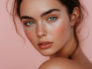 Fototapeta premium close-up of a woman's ear, jawline, and part of her neck against a soft pink background. The skin appears smooth, radiant, and well-moisturized, highlighting a natural and healthy look.