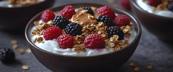 Healthy Yogurt Parfait With Granola Berries And Peanut Butter