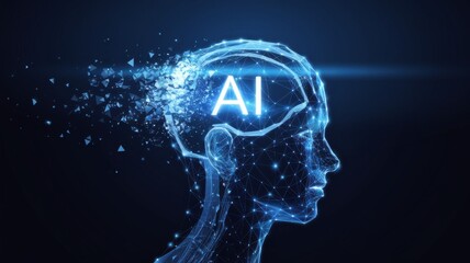 Obraz premium Futuristic AI Illustration: Neural Network Wireframe Head Generative aI