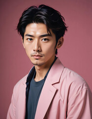 Fototapeta premium Sophisticated Japanese male model standing tall with a calm expression, plain background