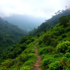 Obraz premium Spectacular green trail, surrounded by mountain vegetation in Sabas Nieves, El Avila Waraira Repano National Park mountain, Caracas,Venezuela.
