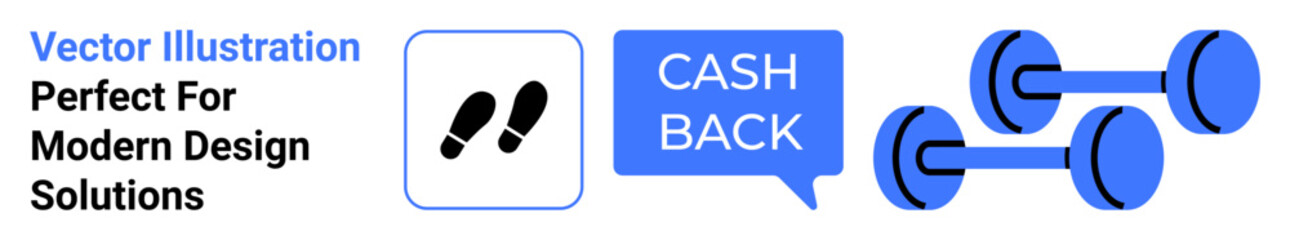 Fototapeta premium Dumbbells, footsteps icon, and cashback text in a speech bubble. Ideal for fitness programs, rewards, financial apps, wellness campaigns, gym promotions, cashback deals flat landing page banner