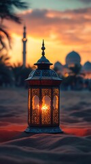 Fototapeta premium Illuminated lantern at sunset, mosque in background.