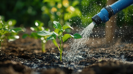 A young green plant receives water from a hose, droplets sparkling in sunlight as the soil remains rich and moist, encouraging growth