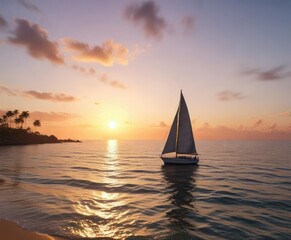 A lone sailboat sails across a tranquil ocean at sunset near the pier , sail, water, peaceful scene