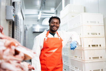 Slaughterhouse worker standing in meat cold storage of butchery shop.