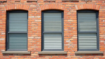 Brick Wall with Three Arched Windows and Gray Shutters in Daylight
