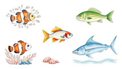 Fototapeta premium Colorful Fish Illustration Marine Life Ocean Animals Underwater Scene Cartoon Fish Aquarium