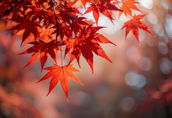 Vibrant Crimson Maple Leaves Bathed in Sunlight Displaying Seasonal Splendor