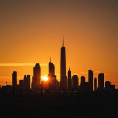 Obraz premium Dramatic city skyline silhouette against a stunning sunset creating a beautiful urban scene