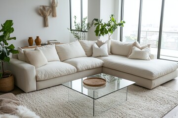 A modern minimalist interior design in the living room with white sofas and pots in view. Generative AI
