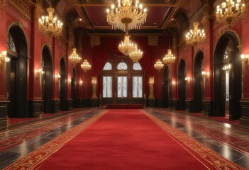 Obraz premium A luxurious red carpet stretching from the entrance of a grand casino, leading to a lavish hall with high ceilings and ornate chandeliers , ornate, high ceiling