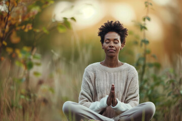 Fototapeta premium Peaceful woman practicing mindfulness meditation in nature with closed eyes surrounded by autumn leaves and golden sunlight