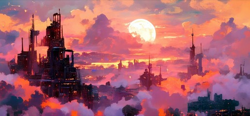Fototapeta premium Stunning futuristic cityscape at sunset with vibrant colors, towering skyscrapers, lush clouds, and a radiant moon illuminating the skyline