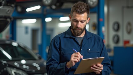Mechanic in Blue Uniform Taking Notes in Automotive Workshop