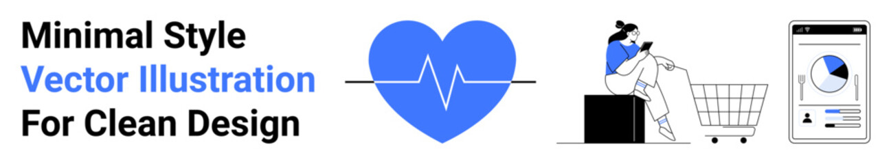 Blue heart with a heartbeat line, woman sitting on shopping bags near cart, mobile analytics screen. Ideal for health, e-commerce, mobile apps, analytics, business, technology flat landing page