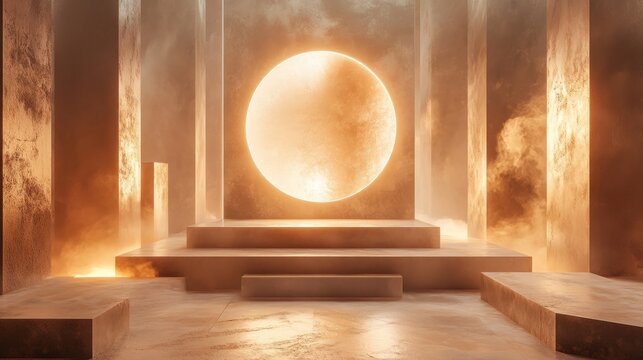 A shimmering, circular portal surrounded by floating geometric shapes and light patterns 