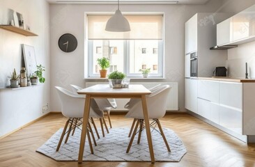 Fototapeta premium Modern minimalist kitchen and dining area with white chairs and wooden table.