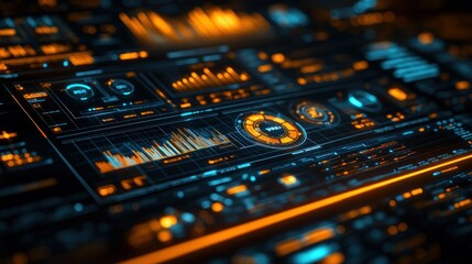 Futuristic digital dashboard with glowing graphs and data