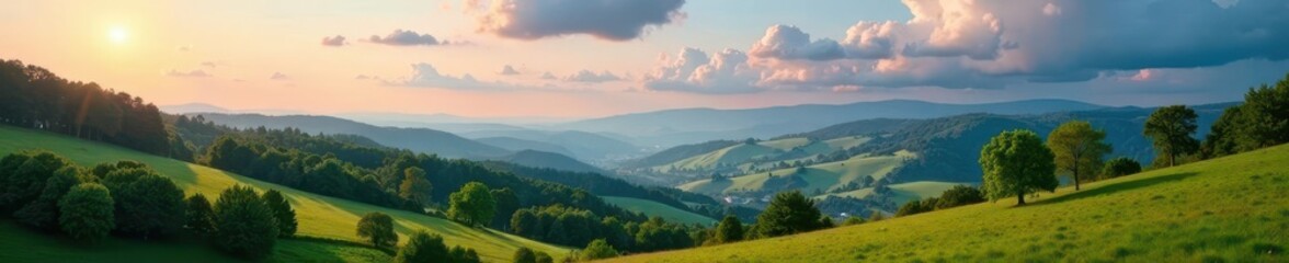 Naklejka premium Rolling hills, abundant trees, dramatic clouds , vista, space