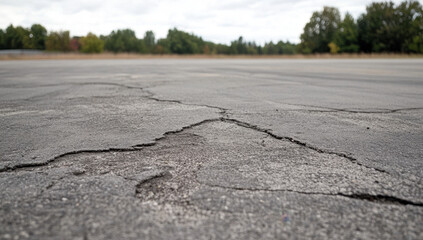 Close-up view of cracked asphalt surface on an unused road, framed by trees under an overcast sky, suggesting abandonment