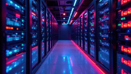Sleek server racks, vibrant LED lighting, futuristic design , bright, high-tech, advanced