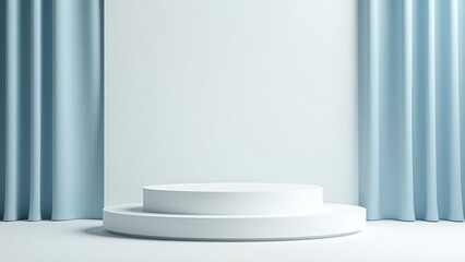 Fototapeta premium Minimalist Display Stage with Soft Blue Curtains in Modern Room
