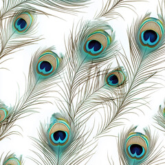 Obraz premium Captivating close-up of bohemian style teal peacock feathers showcasing iridescent spots in a seamless layout.