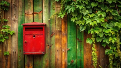 Rustic Red Postbox on a Colorful Wooden Fence Covered in Lush Green Vines