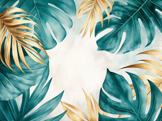 Minimalistic pattern of palm and monstera leaves on a white background.