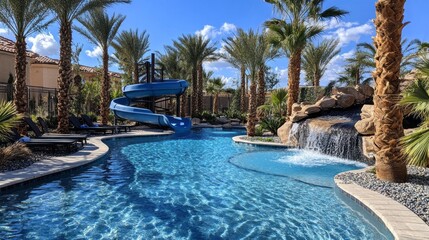 Obraz premium A vibrant backyard scene showcases a luxurious pool surrounded by tall palm trees and a cascading waterfall. A fun blue water slide invites joyful splashes under a bright blue sky